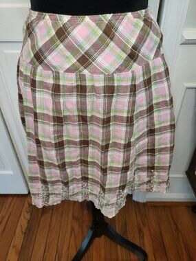 Joey B Vintage y2K Pink Brown Plaid Mini Skirt Eyelet Hem XS Coquette Preppy